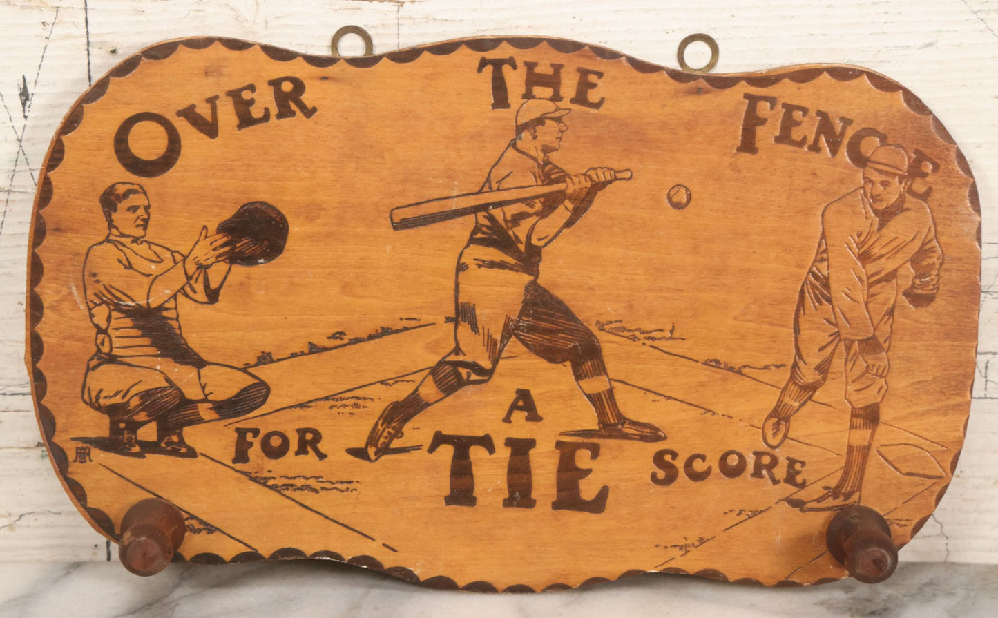 Lot 049 - Antique "Over The Fence" Flemish Art Pyrography Wood Burned Tie Rack With Baseball Home Run Scene, Note Missing Dowel To Hold Ties