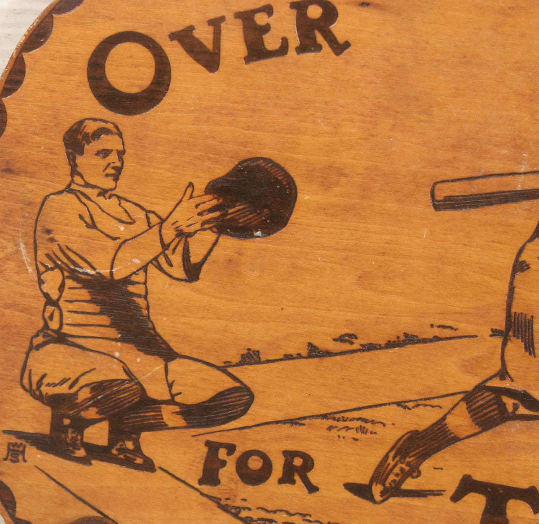 Lot 049 - Antique "Over The Fence" Flemish Art Pyrography Wood Burned Tie Rack With Baseball Home Run Scene, Note Missing Dowel To Hold Ties