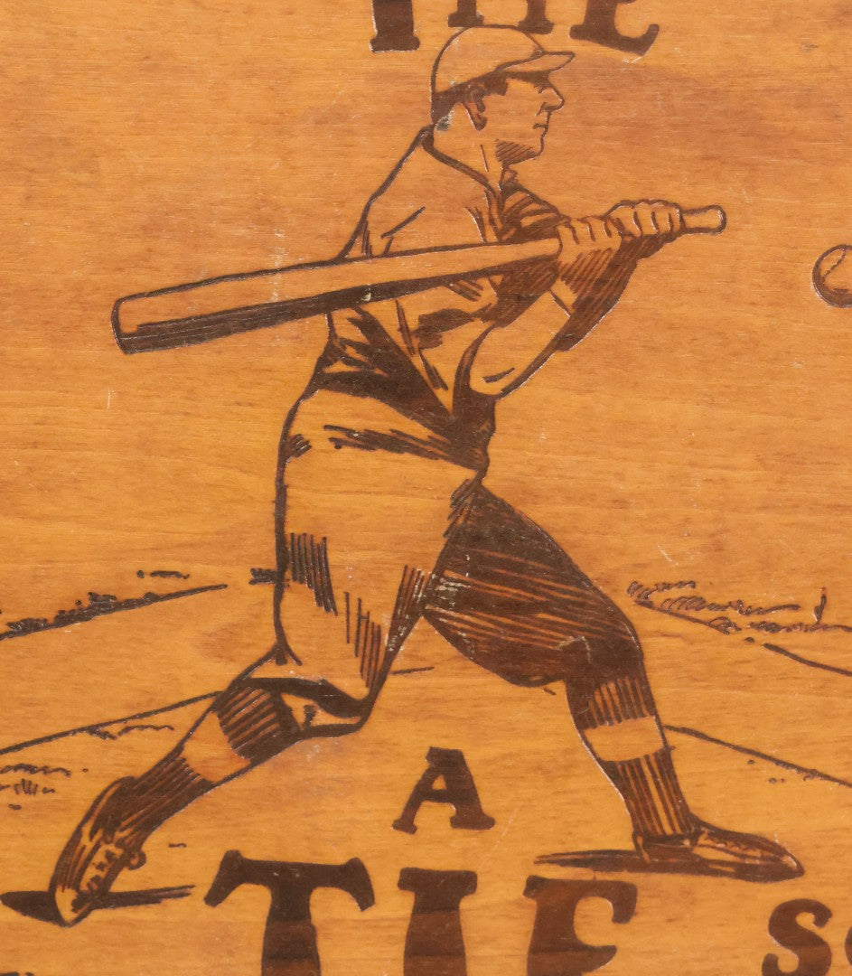 Lot 049 - Antique "Over The Fence" Flemish Art Pyrography Wood Burned Tie Rack With Baseball Home Run Scene, Note Missing Dowel To Hold Ties