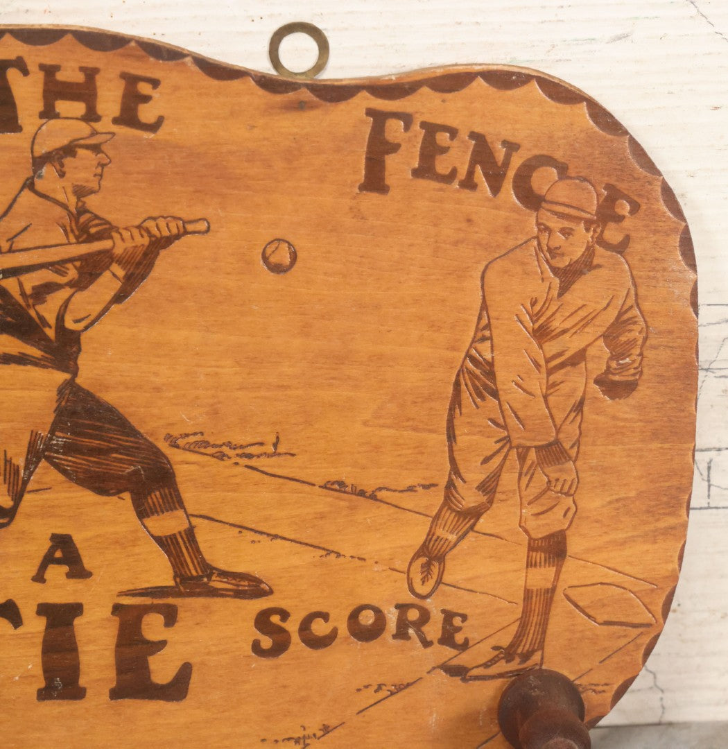 Lot 049 - Antique "Over The Fence" Flemish Art Pyrography Wood Burned Tie Rack With Baseball Home Run Scene, Note Missing Dowel To Hold Ties