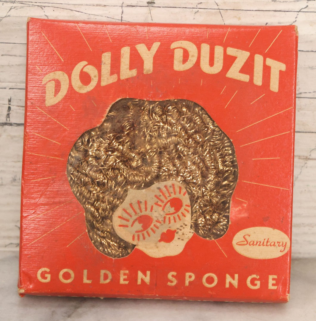 Lot 050 - Vintage Dolly Duzit Sanitary Golden Sponge In Original Box With Cartoon Dolly Mascot, Manufactured By Springfield Wire And Tinsel Company, West Springfield, Massachusetts
