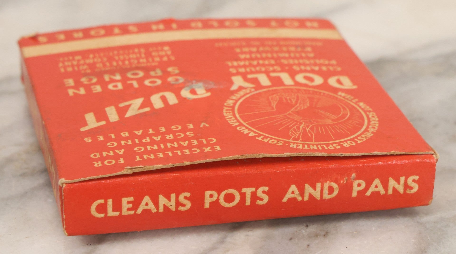 Lot 050 - Vintage Dolly Duzit Sanitary Golden Sponge In Original Box With Cartoon Dolly Mascot, Manufactured By Springfield Wire And Tinsel Company, West Springfield, Massachusetts