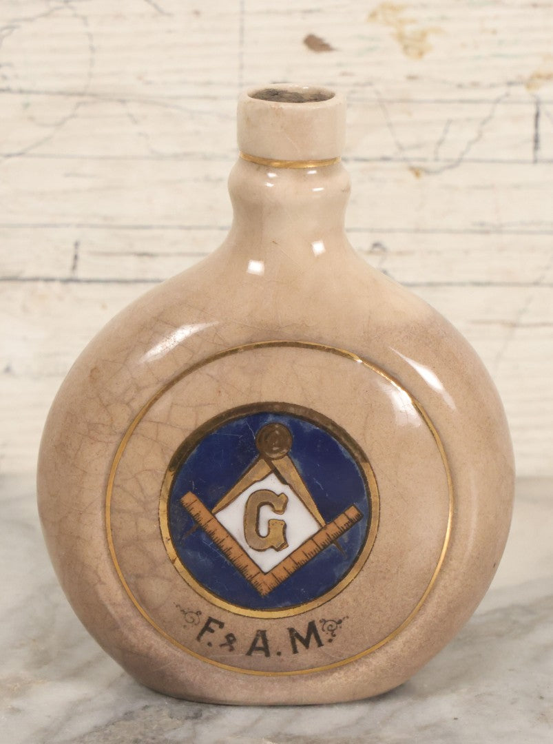 Lot 051 - Antique Hand Painted Lusterware Freemason's Flask, With Square And Compass Symbol, "G", Free And Accepted Masons, "F & A.M."