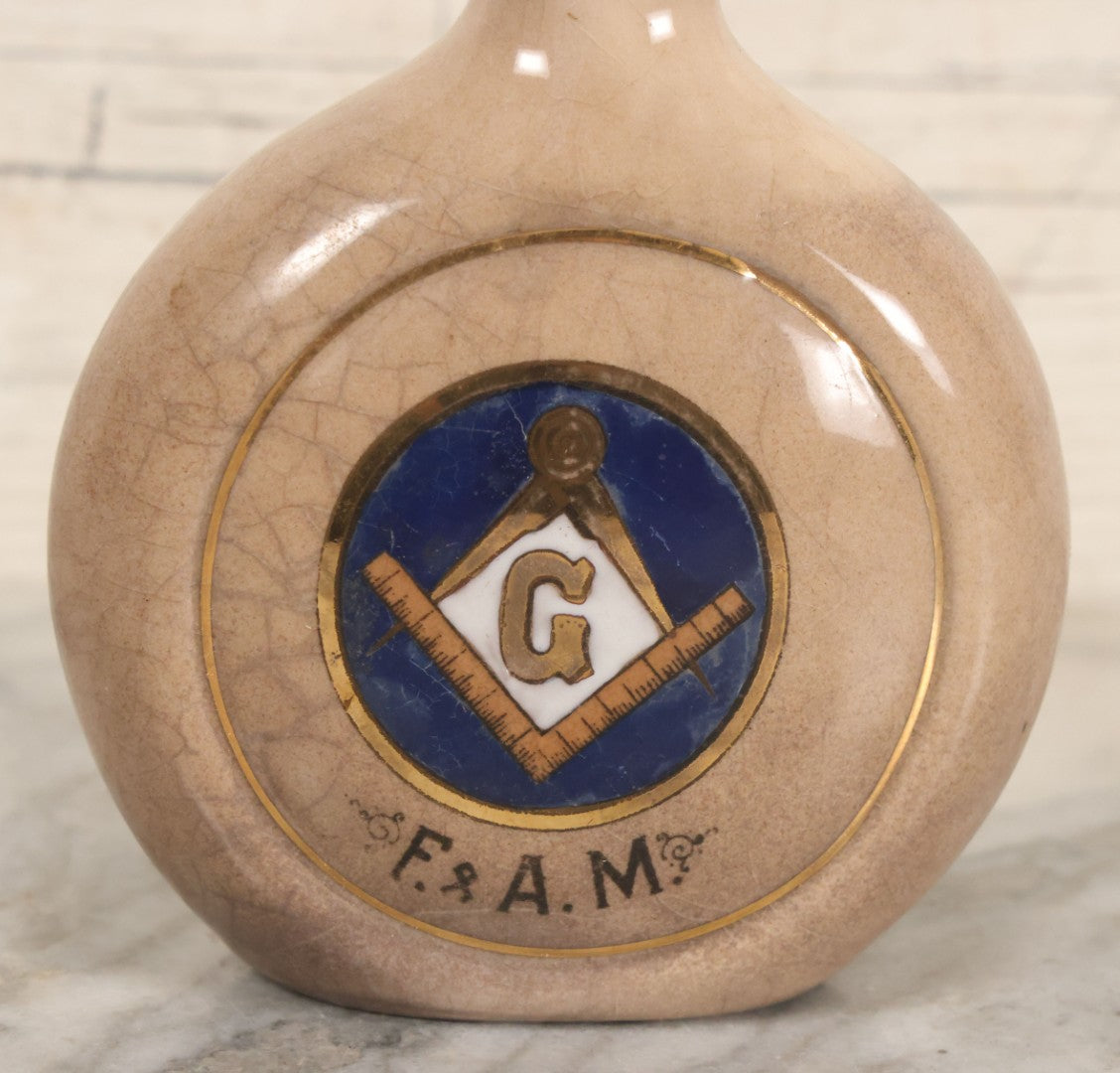 Lot 051 - Antique Hand Painted Lusterware Freemason's Flask, With Square And Compass Symbol, "G", Free And Accepted Masons, "F & A.M."