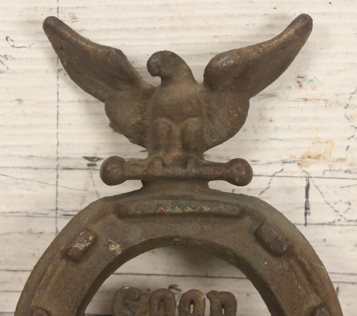 Lot 053 - Antique Cast Iron Horseshoe With Shaking Hands Motif, Eagle, "Good Luck," With Wall Mounting Holes