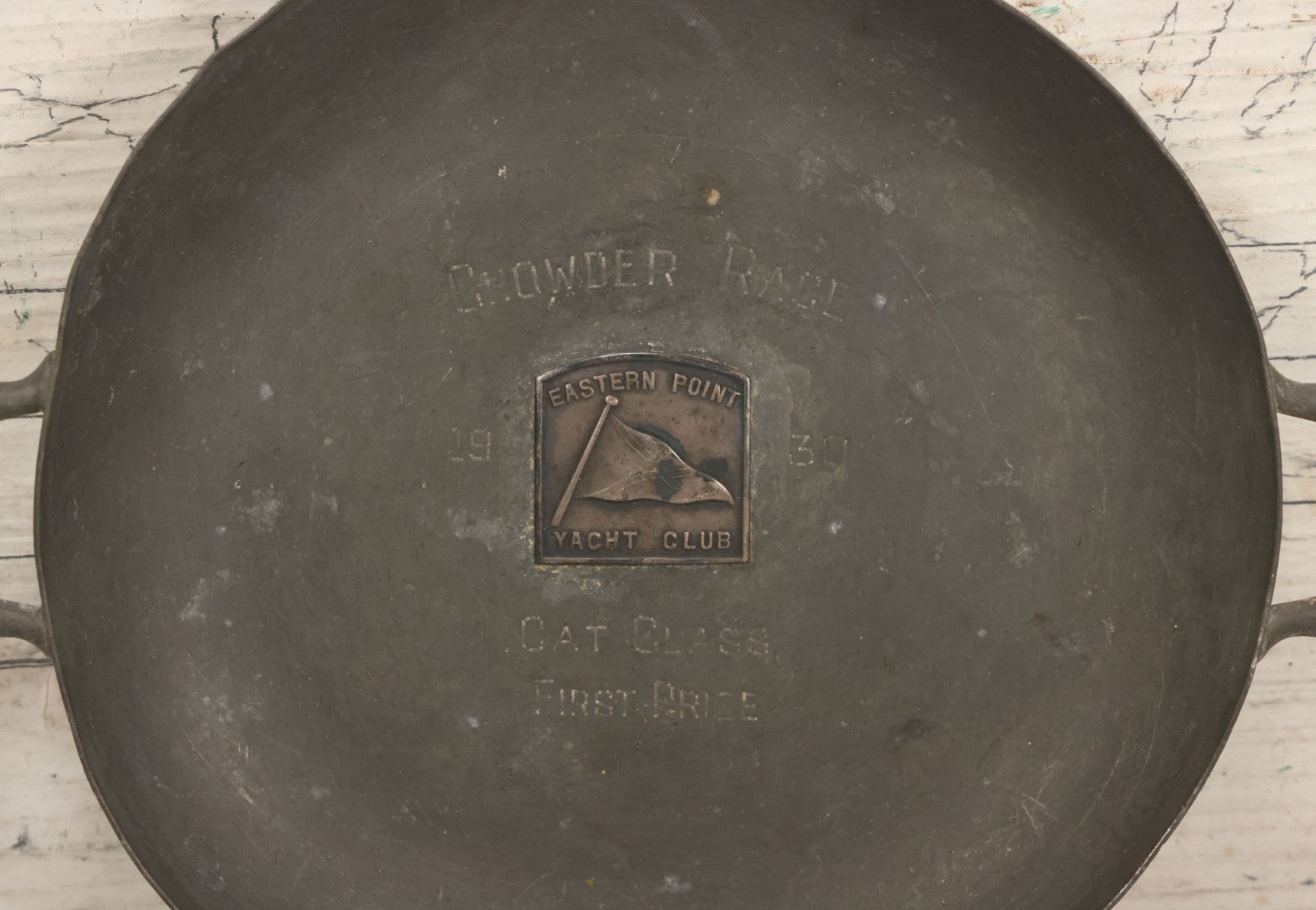 Lot 054 - Vintage Pewter Sailing Trophy, "Chowder Race" 1930, Cat Class, First Prize, Eastern Point Yacht Club, Manufactured By Mayflower Pewter, No. 3222