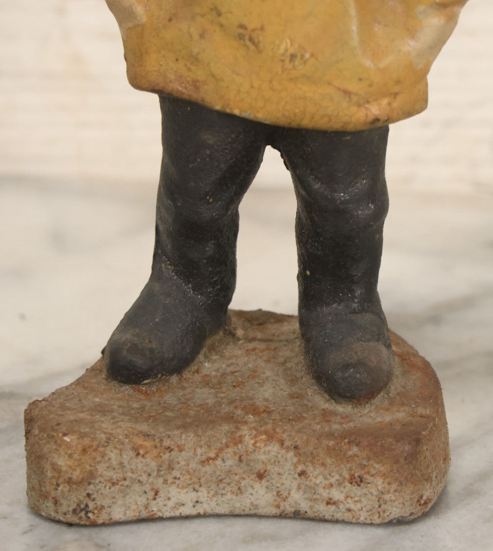 Lot 055 - Vintage Cast Iron Sailor In Yellow Rain Slicker Jacket Door Stop, Hand Painted, Solid