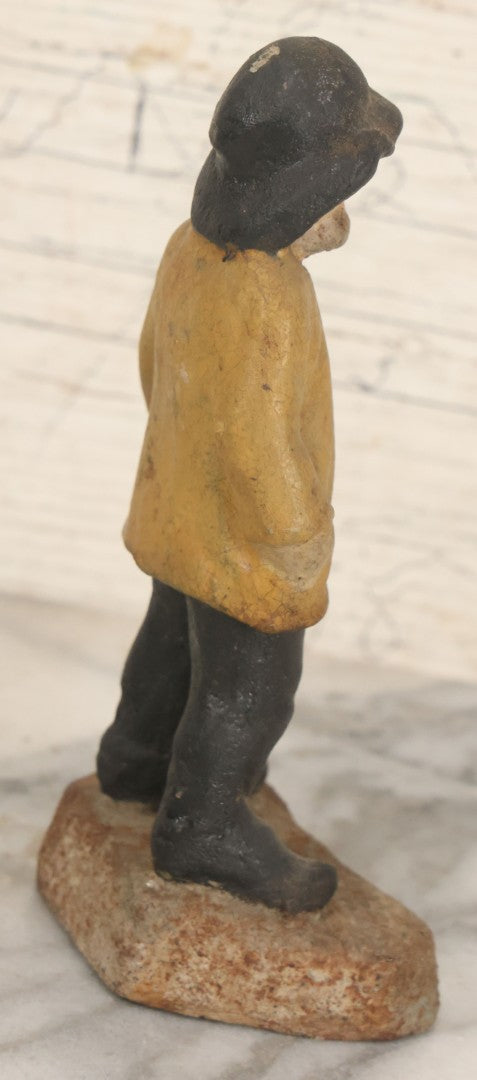 Lot 055 - Vintage Cast Iron Sailor In Yellow Rain Slicker Jacket Door Stop, Hand Painted, Solid