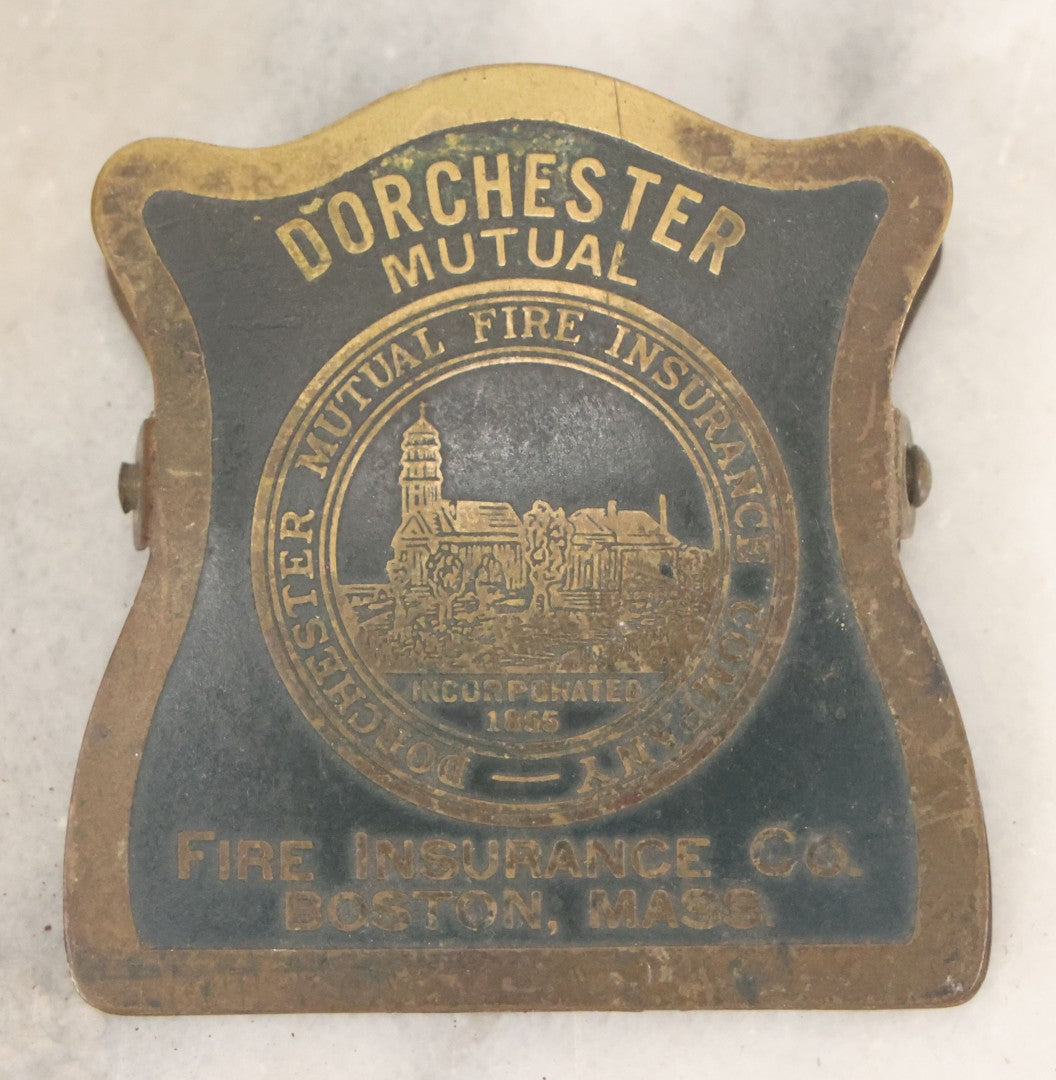 Lot 056 - Antique Brass Advertising Clip For Dorchester Mutual Fire Insurance Company, Boston, Massachusetts, By E.V. Yeuell Co.