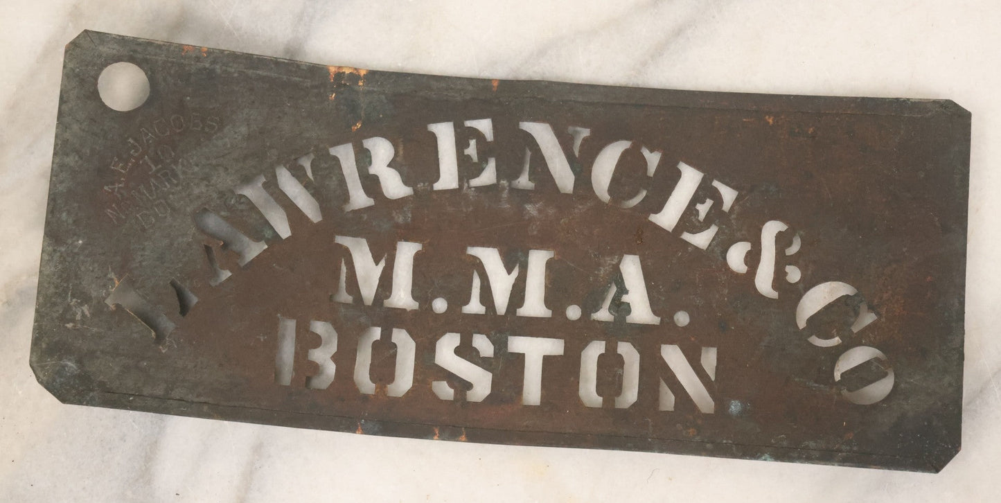 Lot 058 - Antique Brass Lettering Stencil For Lawrence & Co, M.M.A., Boston, Manufactured By A.E. Jacobs