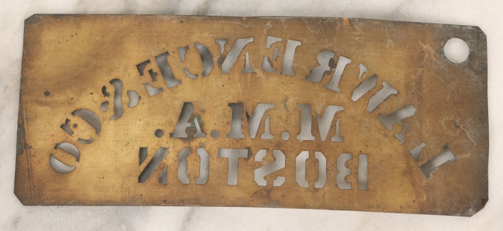 Lot 058 - Antique Brass Lettering Stencil For Lawrence & Co, M.M.A., Boston, Manufactured By A.E. Jacobs