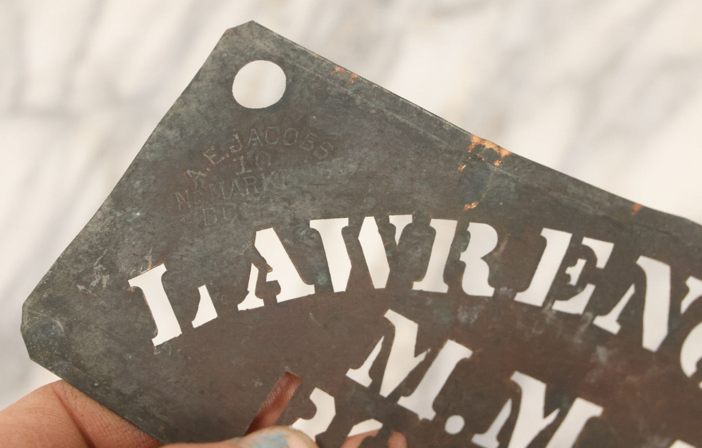 Lot 058 - Antique Brass Lettering Stencil For Lawrence & Co, M.M.A., Boston, Manufactured By A.E. Jacobs