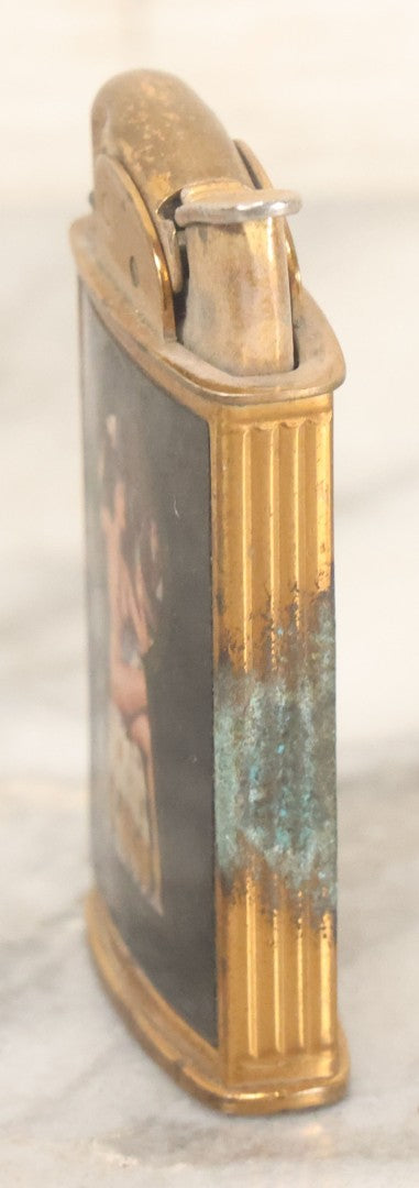 Lot 059 - Vintage Novelty Lighter With Nude Lady In Keyhole, New Flint, Sparks, Needs Fuel, Note Rust, By Evans, U.S. Patent 19023