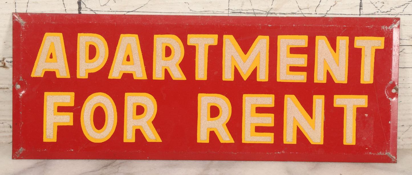 Lot 061 - Vintage Red Apartment For Rent Tin Tacker Sign With Smalz Lettering, White Letters With Yellow Outlines