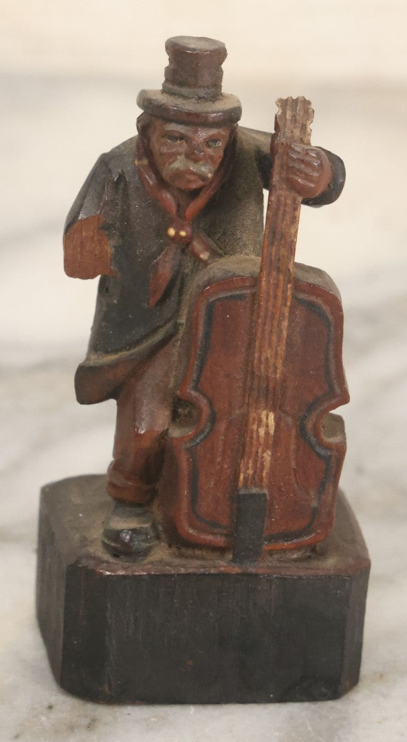 Lot 068 - Antique Folk Art Wood Carving Of An Elderly Man Playing The Upright Bass, Hand Painted, Note Missing Arm
