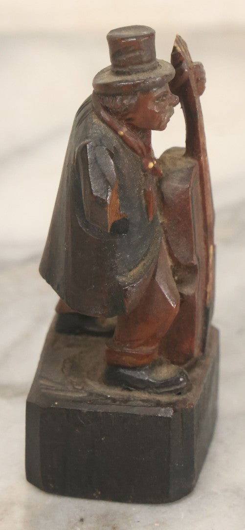 Lot 068 - Antique Folk Art Wood Carving Of An Elderly Man Playing The Upright Bass, Hand Painted, Note Missing Arm