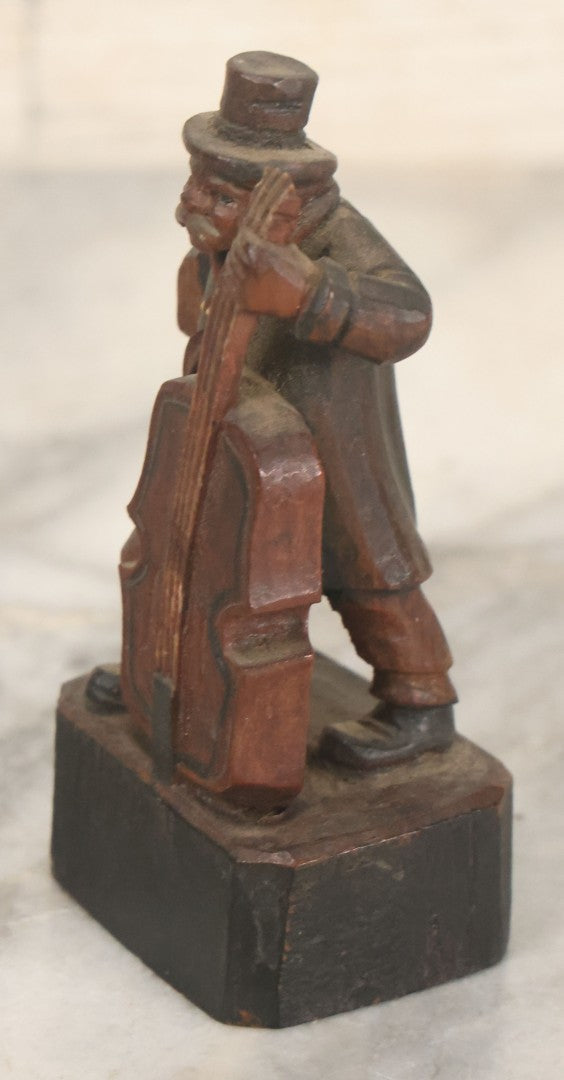 Lot 068 - Antique Folk Art Wood Carving Of An Elderly Man Playing The Upright Bass, Hand Painted, Note Missing Arm