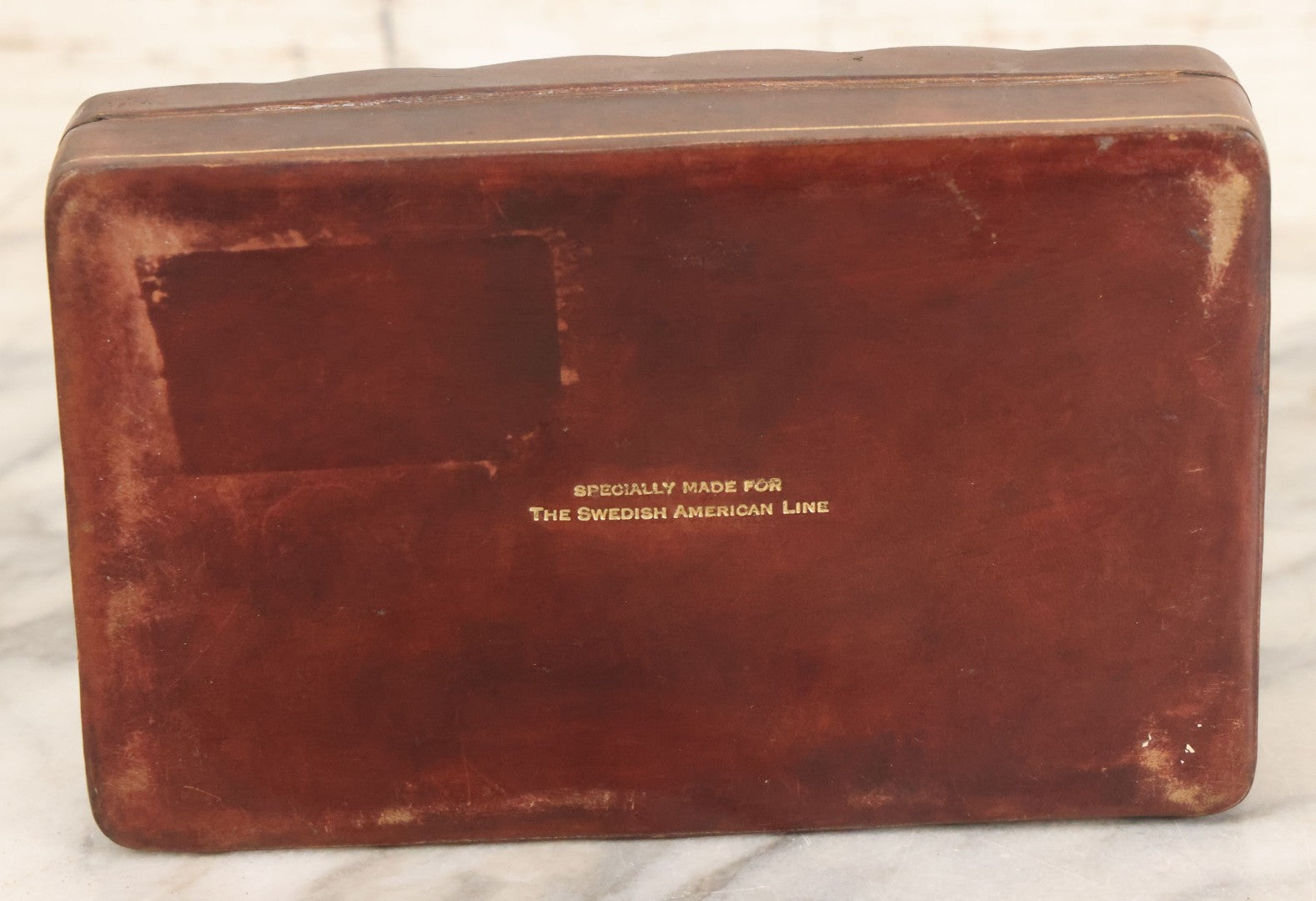 Lot 069 - Vintage Leather Keepsake Box Specially Made For The Swedish American Line, Ocean Liner Souvenir