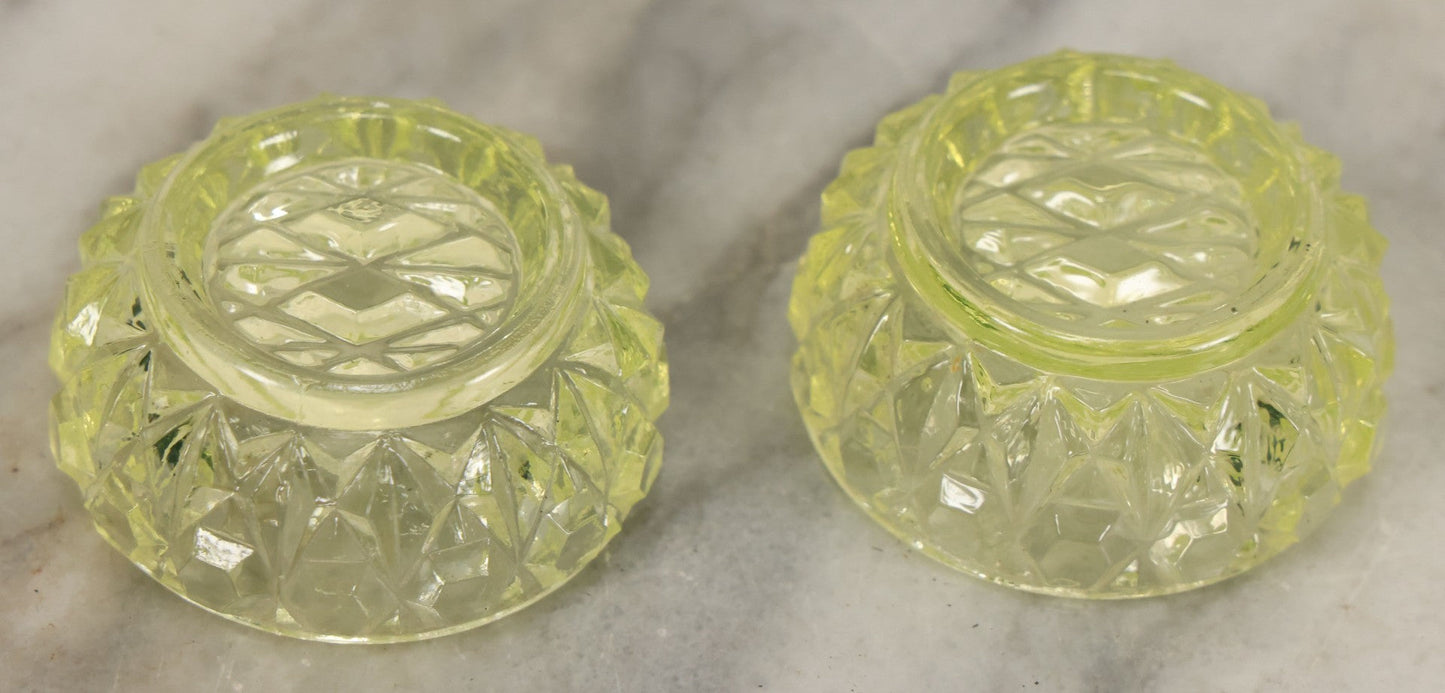 Lot 070 - Pair Of Antique Depression Uranium Vaseline Glass Salt Cellars, Glow Under Blacklight, Note Various Rough Spots, Chipping Around Edges