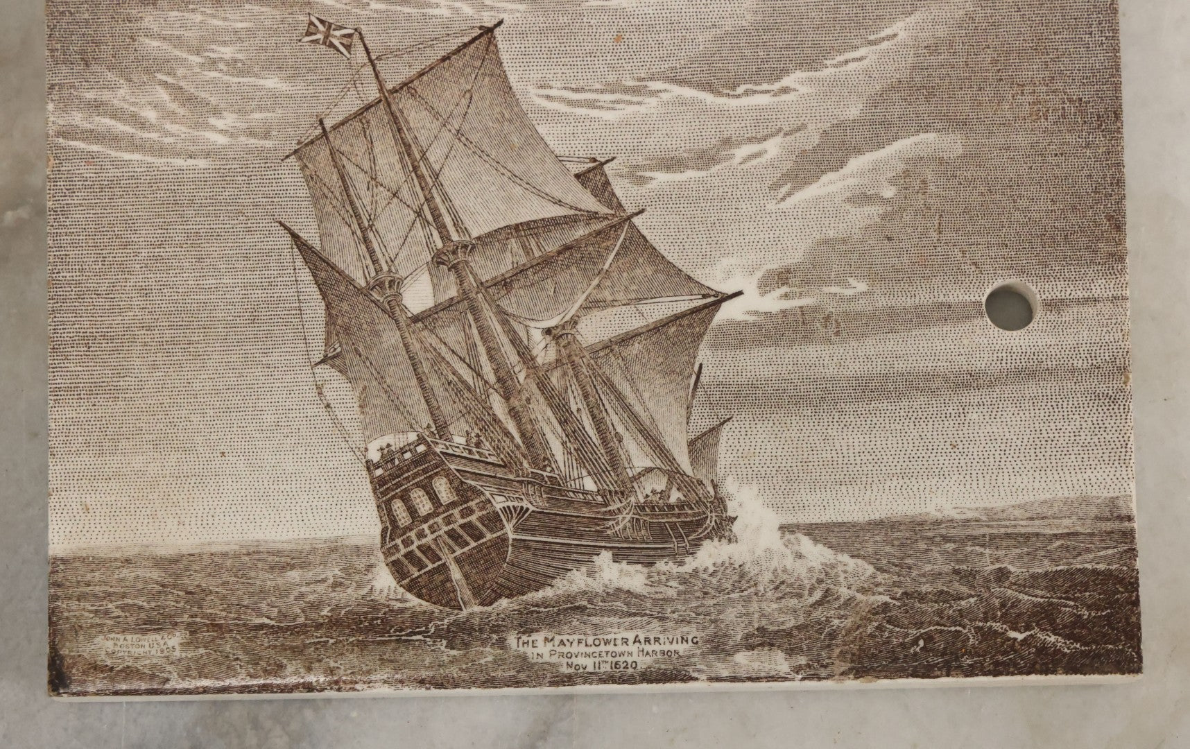 Lot 071 - Antique 1910 Calendar Tile Featuring The Mayflower Arriving In Provincetown Harbor, Advertisement For James McDuffee & Stratton Co., Pottery And Glass Merchants, Boston