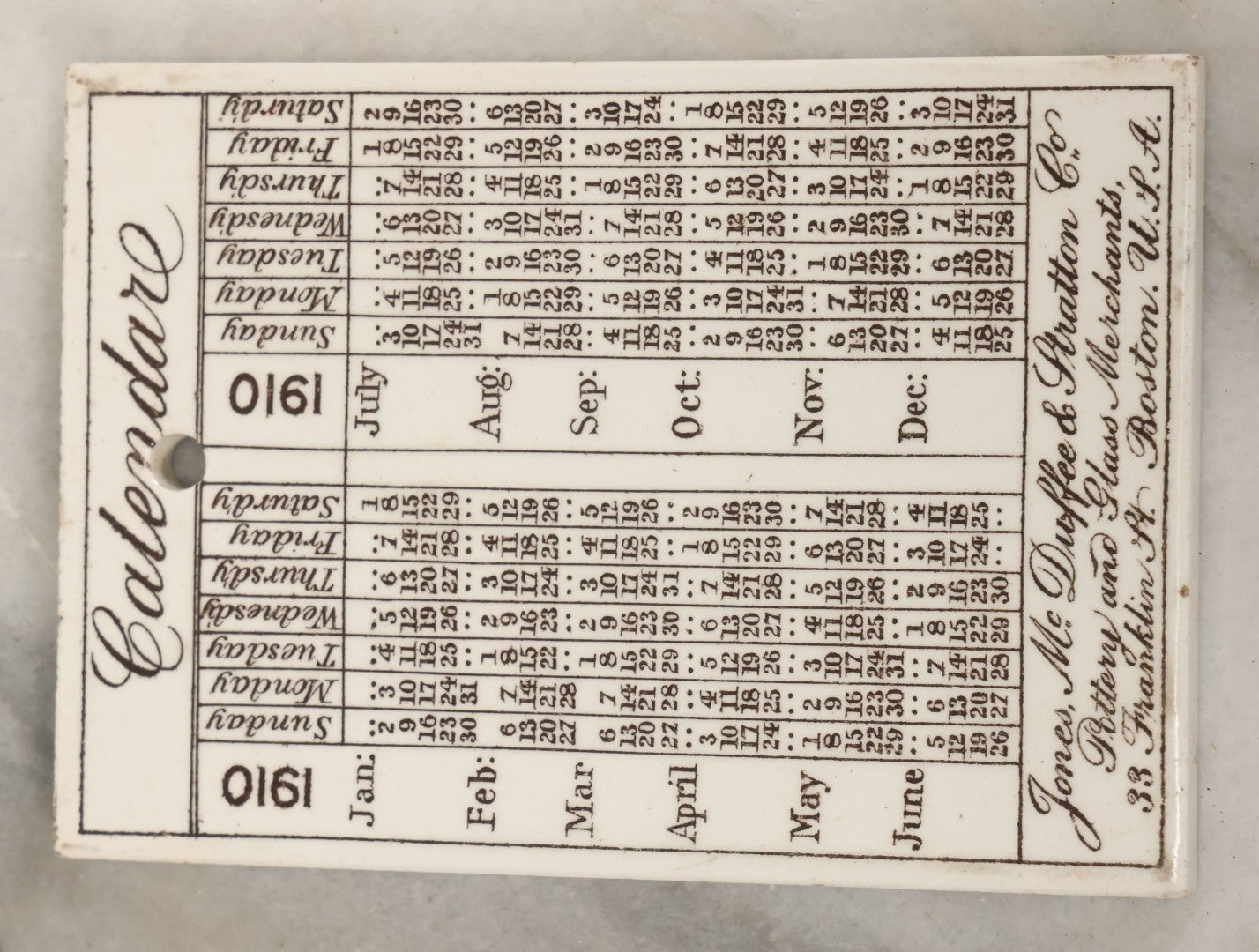 Lot 071 - Antique 1910 Calendar Tile Featuring The Mayflower Arriving In Provincetown Harbor, Advertisement For James McDuffee & Stratton Co., Pottery And Glass Merchants, Boston