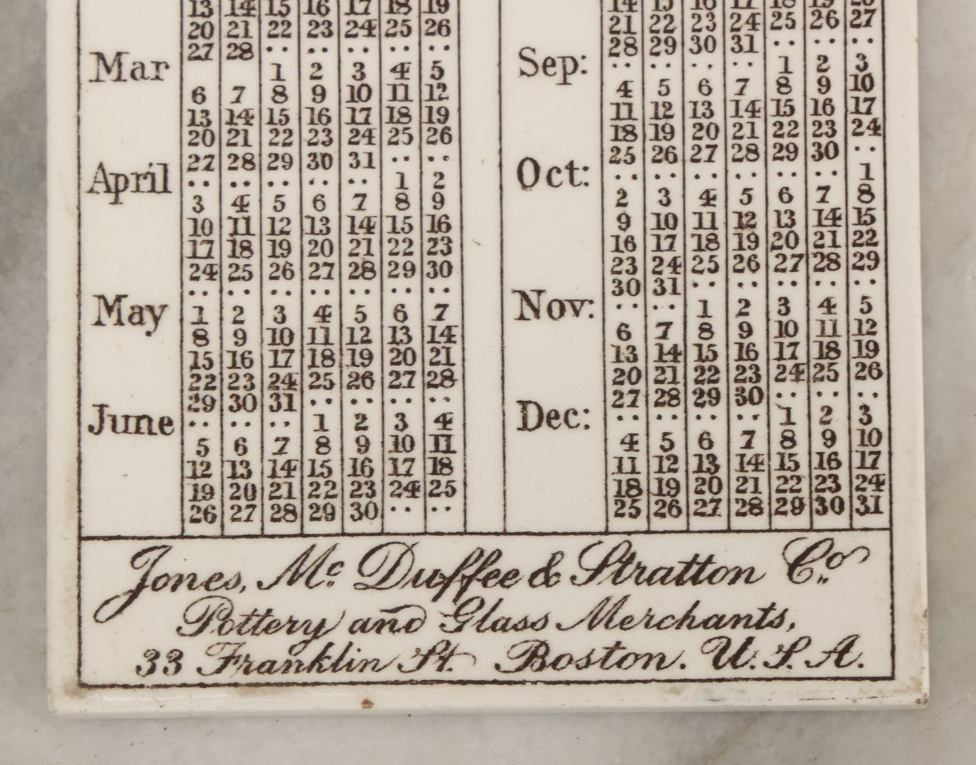 Lot 071 - Antique 1910 Calendar Tile Featuring The Mayflower Arriving In Provincetown Harbor, Advertisement For James McDuffee & Stratton Co., Pottery And Glass Merchants, Boston