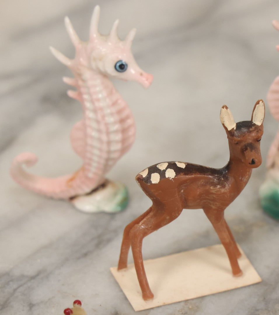 Lot 072 - Miscellaneous Box Lot Grouping Of Glass And Porcelain Animals Including Seahorses, Small Glass Creatures, Plastic Deer, And More, As Found In The Box It Was Found In, Not All Pictured