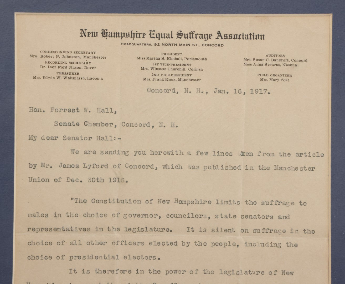 Lot 073 - Antique Letter From The New Hampshire Equal Suffrage Association To Senator Forrest W. Hall Advocating For Women's Right To Vote For President, Etc., Matted And Framed, 10-7/8" x 13"