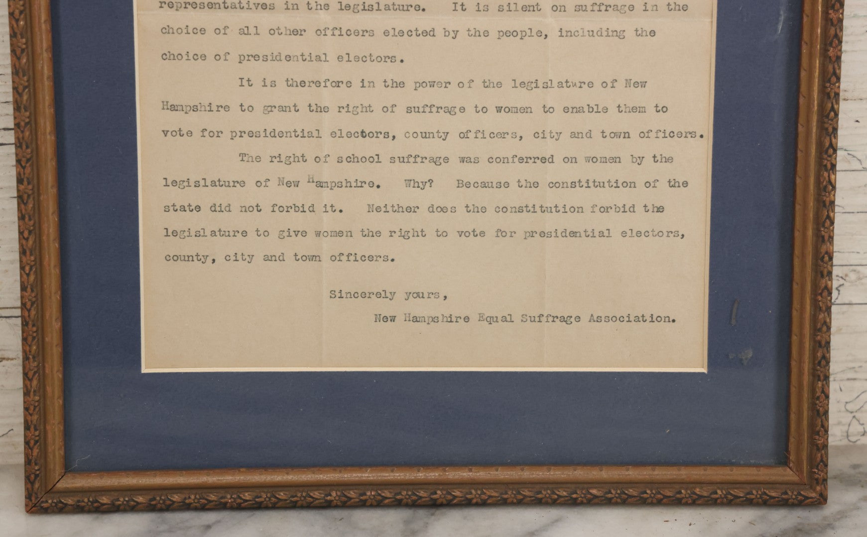Lot 073 - Antique Letter From The New Hampshire Equal Suffrage Association To Senator Forrest W. Hall Advocating For Women's Right To Vote For President, Etc., Matted And Framed, 10-7/8" x 13"