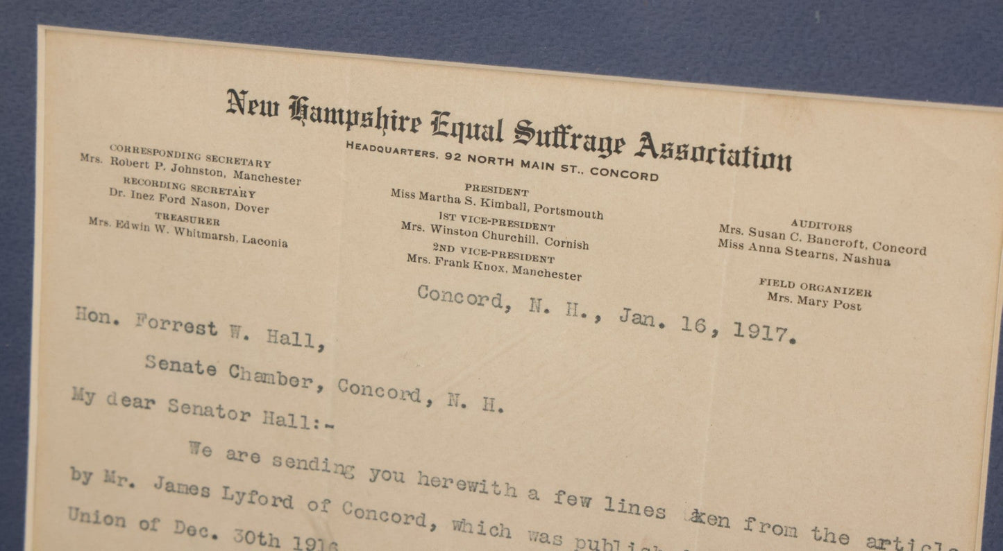 Lot 073 - Antique Letter From The New Hampshire Equal Suffrage Association To Senator Forrest W. Hall Advocating For Women's Right To Vote For President, Etc., Matted And Framed, 10-7/8" x 13"