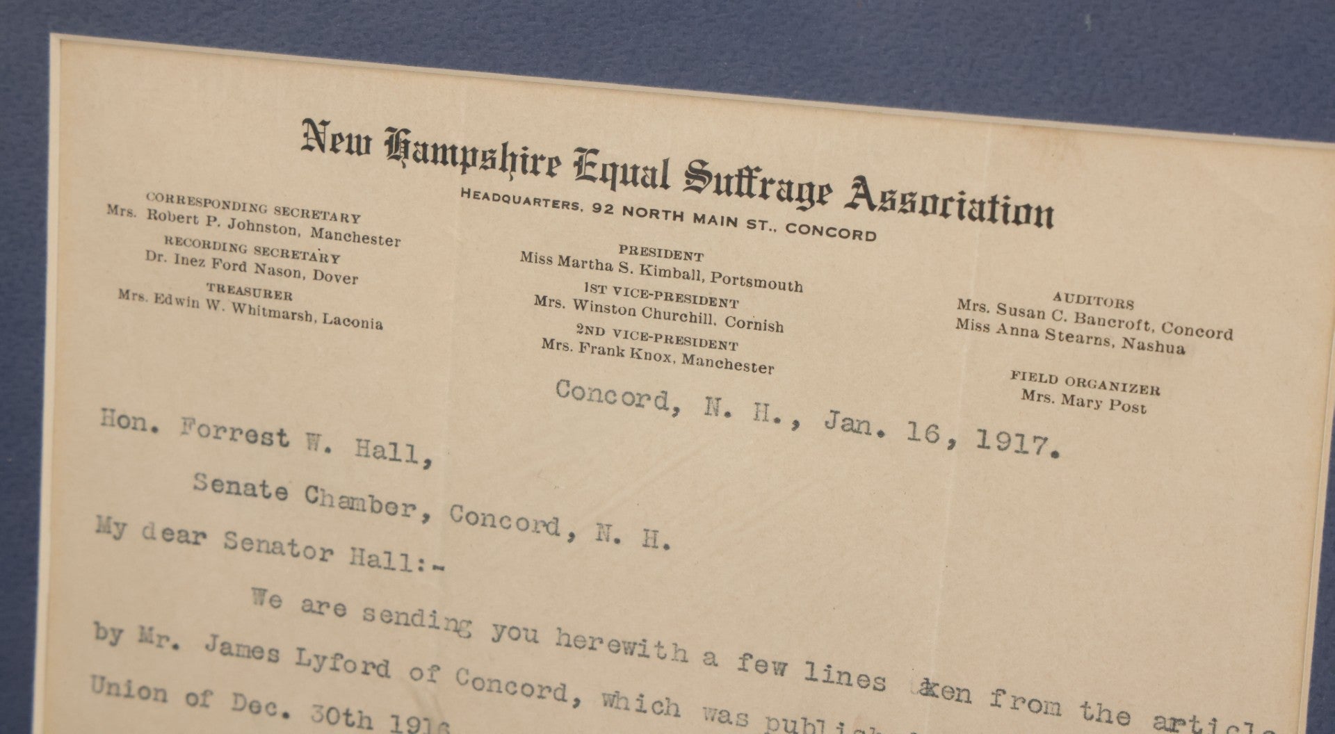 Lot 073 - Antique Letter From The New Hampshire Equal Suffrage Association To Senator Forrest W. Hall Advocating For Women's Right To Vote For President, Etc., Matted And Framed, 10-7/8" x 13"
