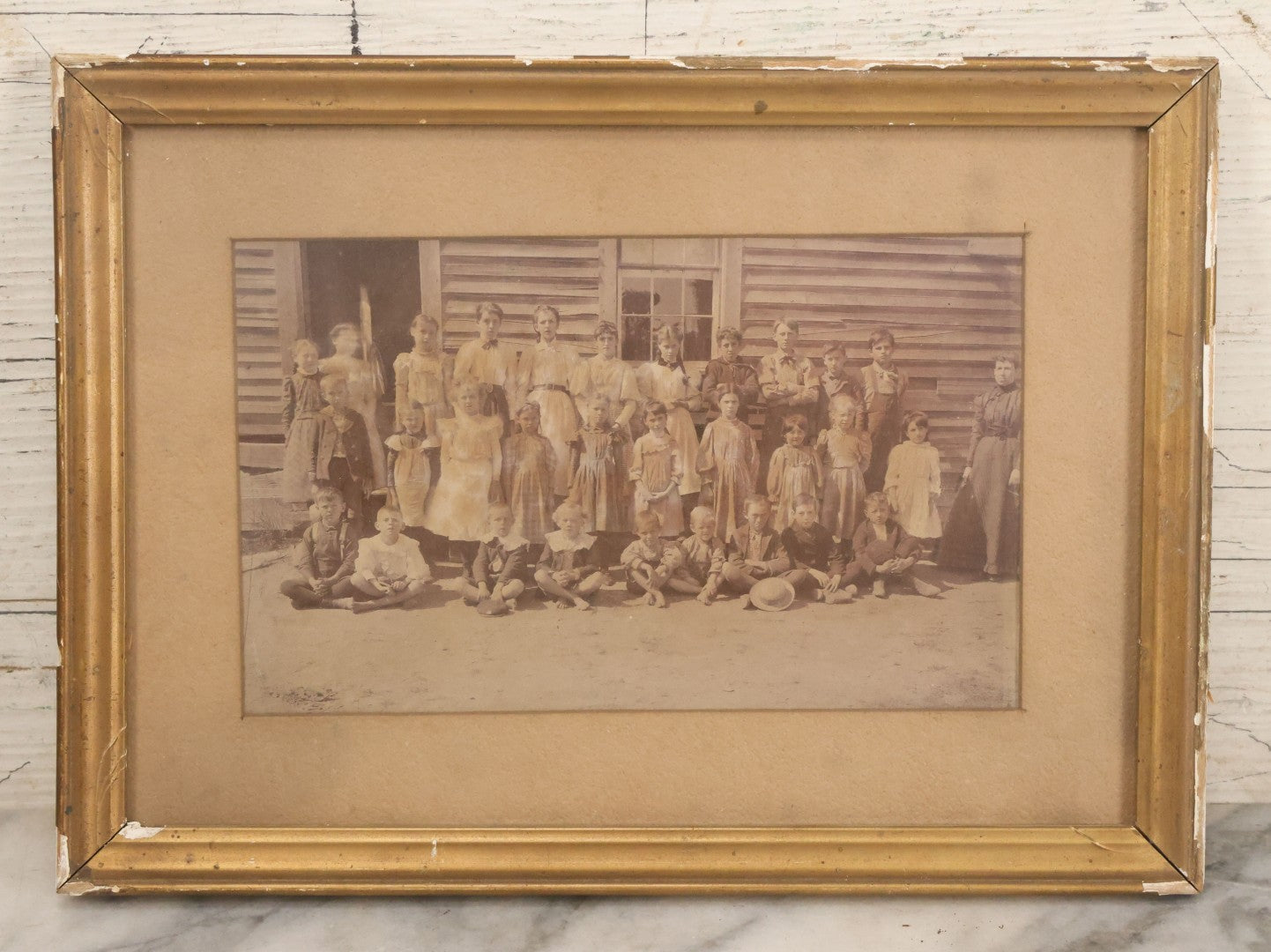 Lot 075 - Antique Framed Photograph Of School Children Outside A School House With Teachers, Children Of Different Ages, 11" x 8"