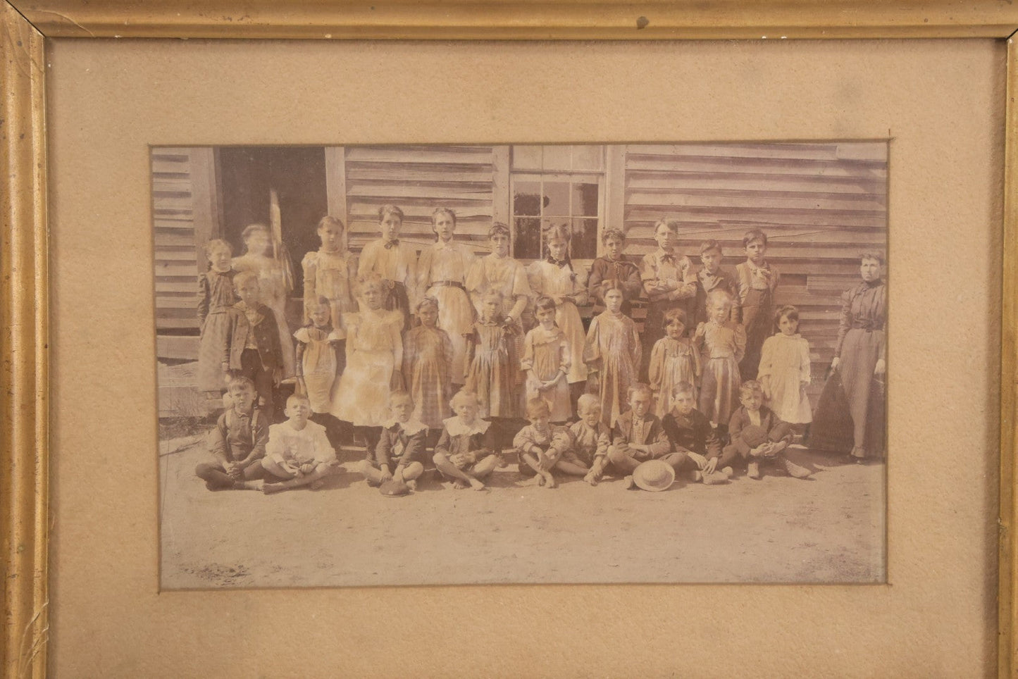 Lot 075 - Antique Framed Photograph Of School Children Outside A School House With Teachers, Children Of Different Ages, 11" x 8"