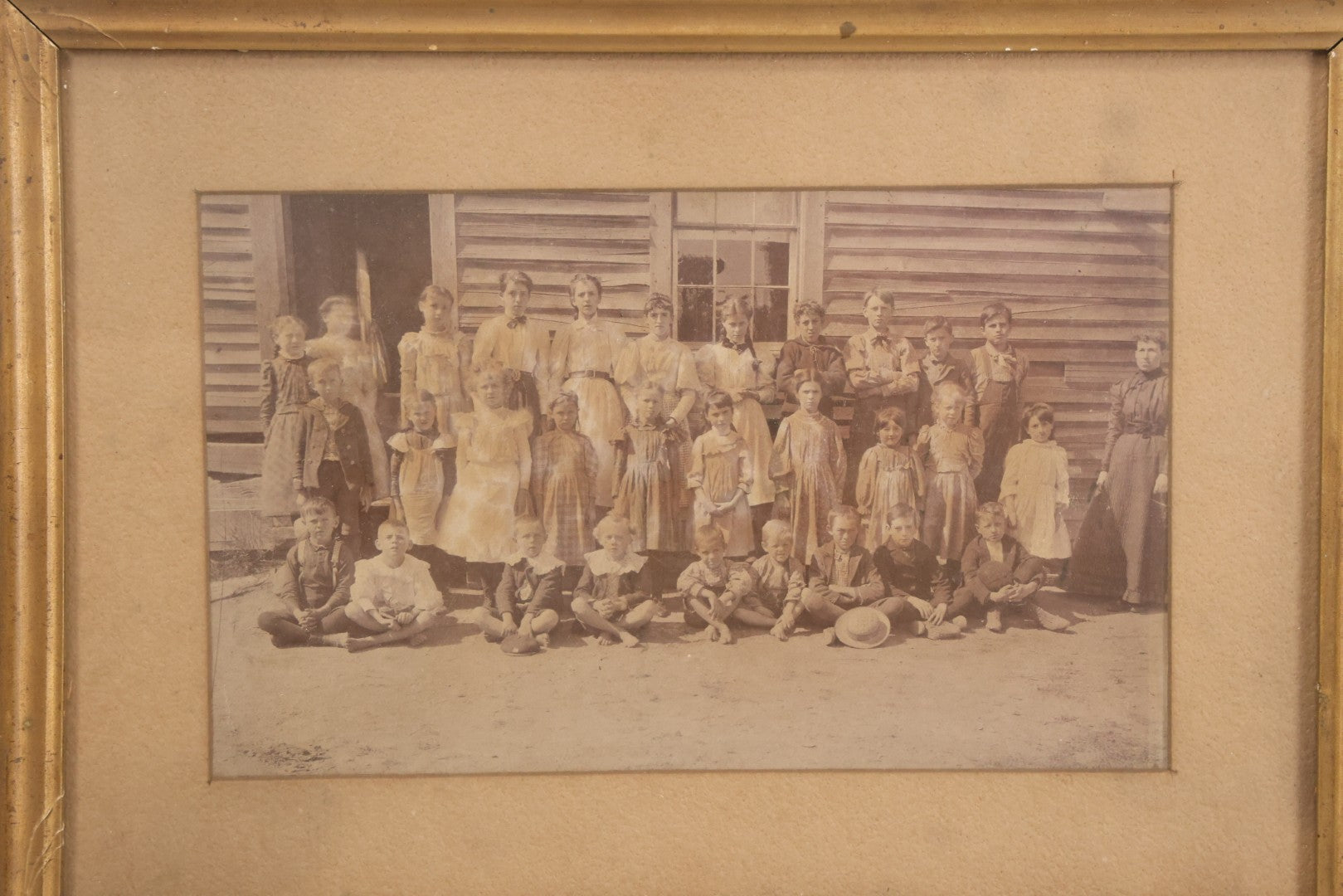 Lot 075 - Antique Framed Photograph Of School Children Outside A School House With Teachers, Children Of Different Ages, 11" x 8"