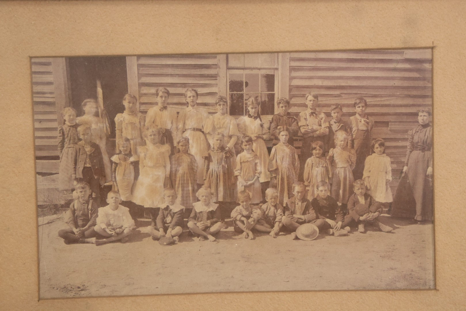 Lot 075 - Antique Framed Photograph Of School Children Outside A School House With Teachers, Children Of Different Ages, 11" x 8"