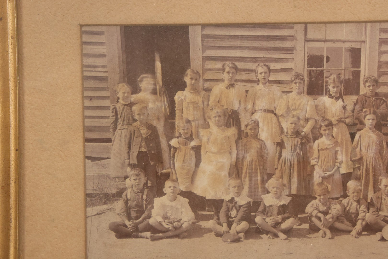 Lot 075 - Antique Framed Photograph Of School Children Outside A School House With Teachers, Children Of Different Ages, 11" x 8"