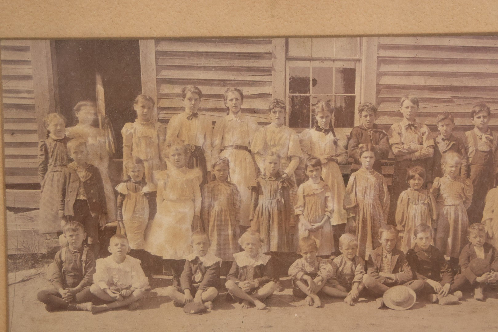 Lot 075 - Antique Framed Photograph Of School Children Outside A School House With Teachers, Children Of Different Ages, 11" x 8"