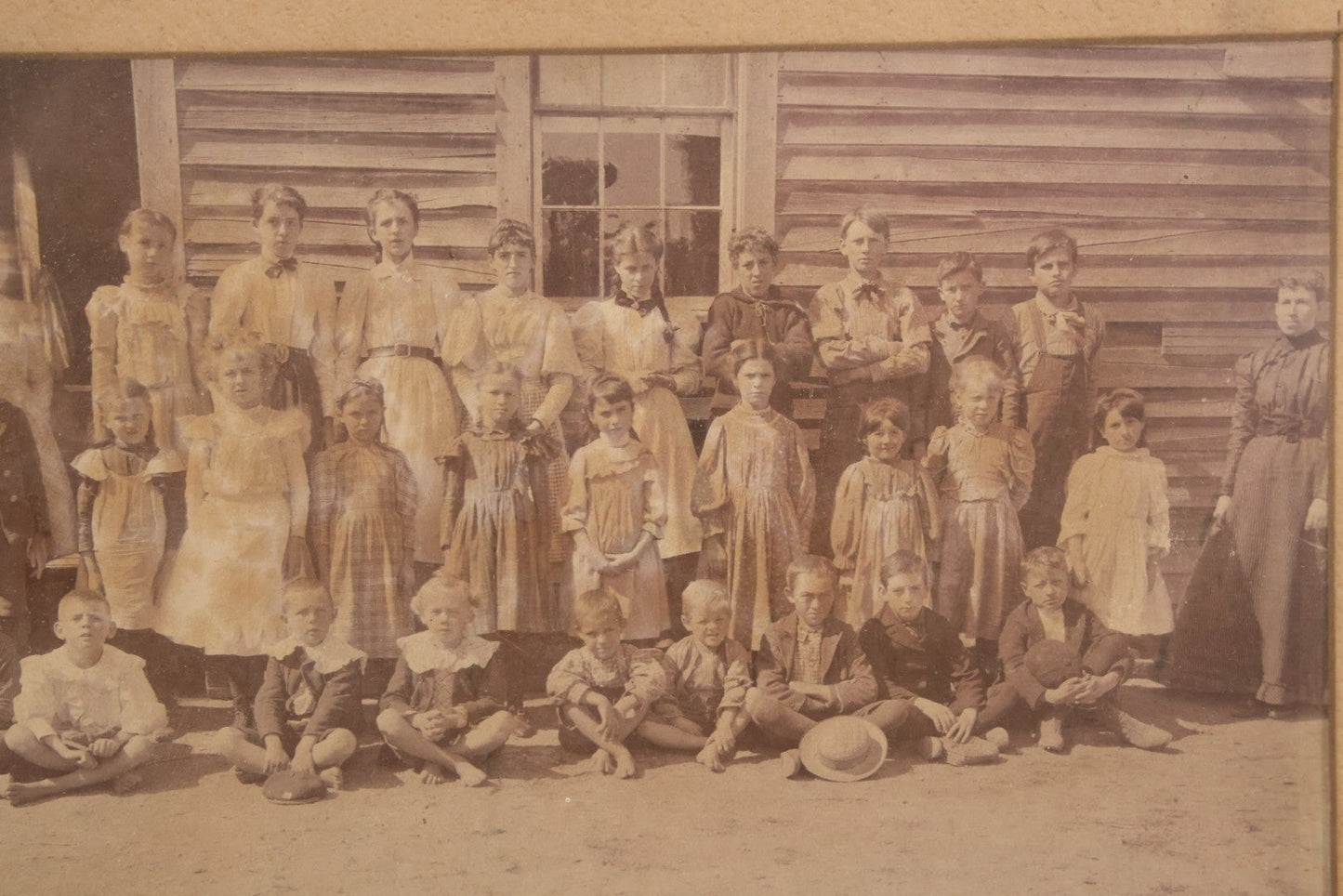 Lot 075 - Antique Framed Photograph Of School Children Outside A School House With Teachers, Children Of Different Ages, 11" x 8"