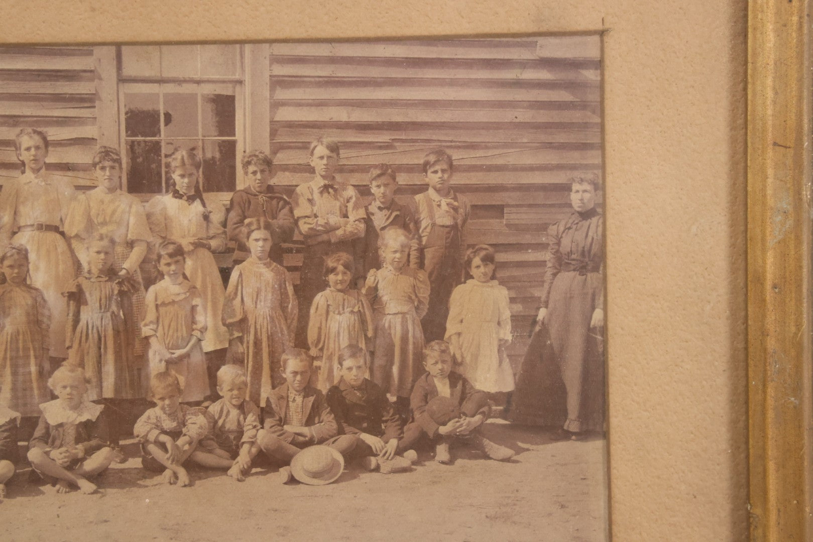 Lot 075 - Antique Framed Photograph Of School Children Outside A School House With Teachers, Children Of Different Ages, 11" x 8"
