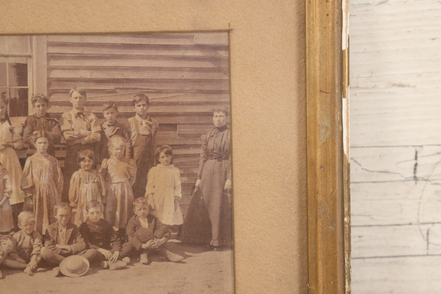 Lot 075 - Antique Framed Photograph Of School Children Outside A School House With Teachers, Children Of Different Ages, 11" x 8"