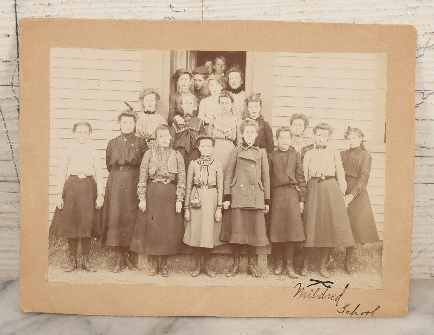 Lot 076 - Antique Boarded Photograph Of School Children At Mildred School, Mostly Teenagers, Clarence N. Trefry Photographer, Haverhill, Massachusetts