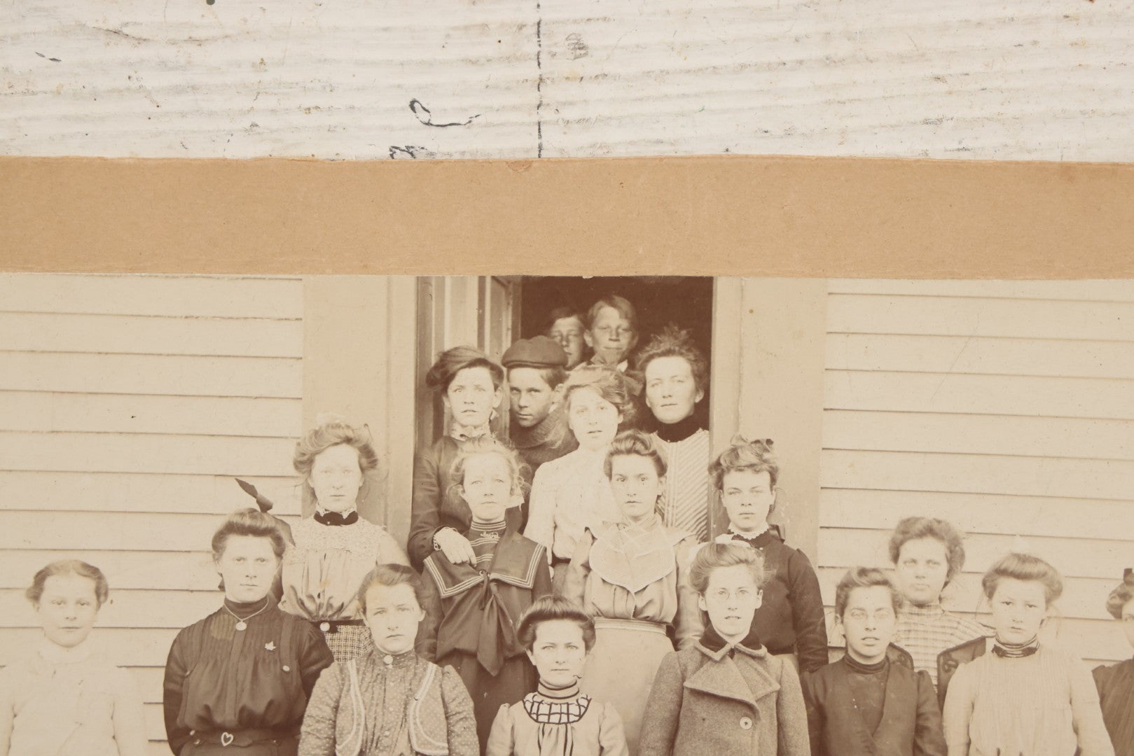 Lot 076 - Antique Boarded Photograph Of School Children At Mildred School, Mostly Teenagers, Clarence N. Trefry Photographer, Haverhill, Massachusetts