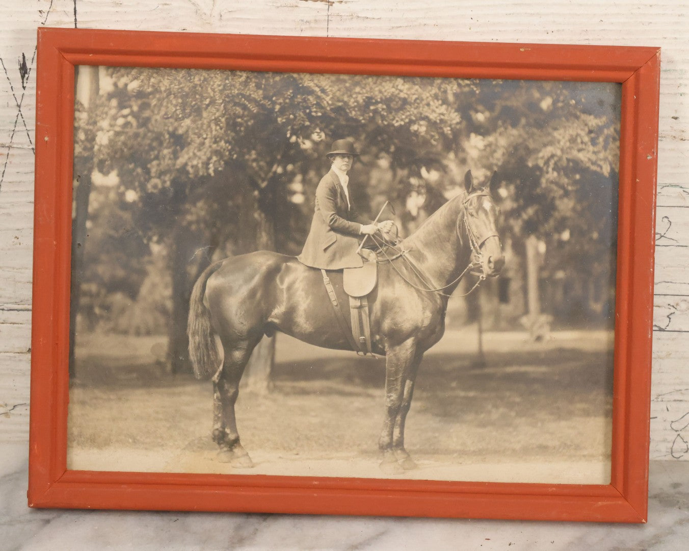 Lot 077 - Antique Framed Photograph Of A Woman On Horseback, Sitting Side Saddle, In Red Frame, 8-3/4" x 6-3/4"