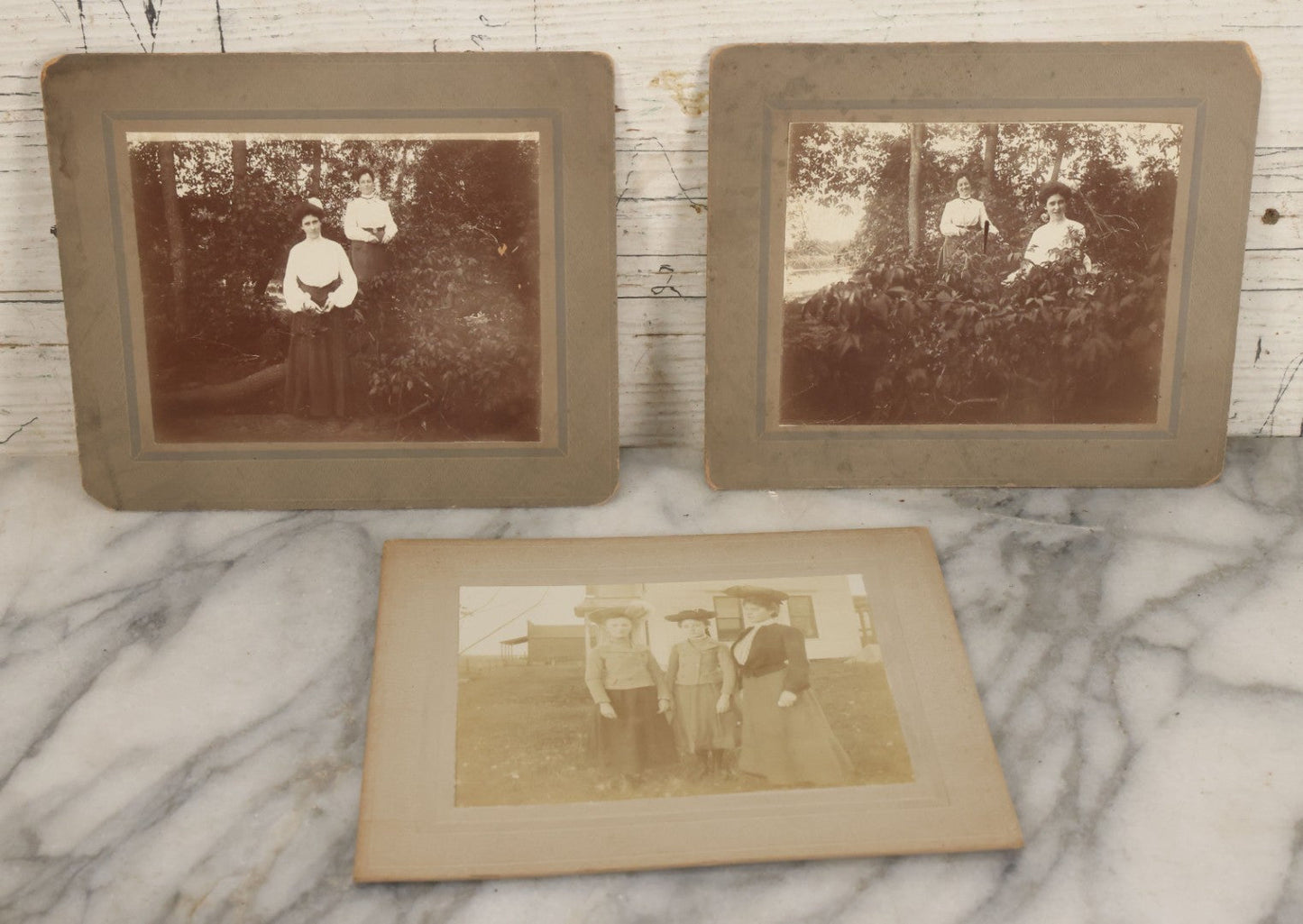 Lot 078 - Grouping Of Three Antique Boarded Photographs Of Edwardian Women Outdoors, In Bushes And In Front Of House, Unidentified