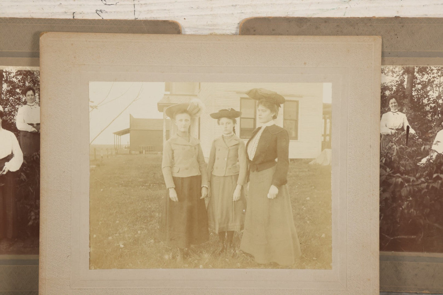 Lot 078 - Grouping Of Three Antique Boarded Photographs Of Edwardian Women Outdoors, In Bushes And In Front Of House, Unidentified