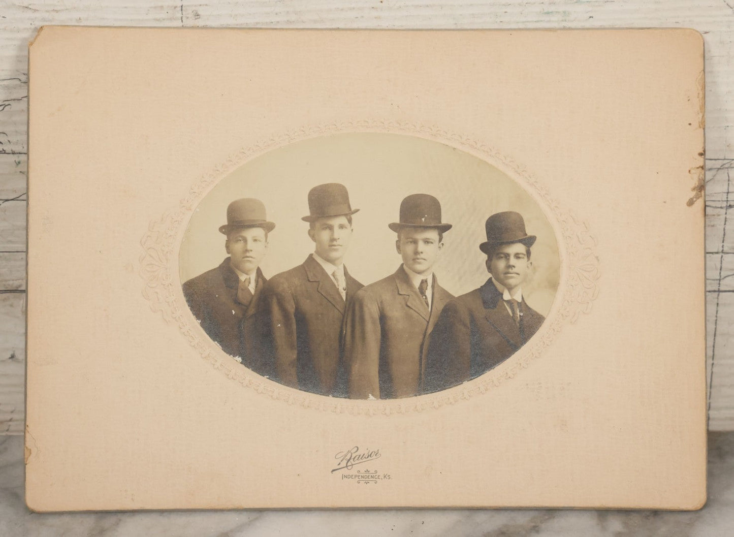 Lot 079 - Antique Boarded Photograph Of Three Men In Bowler Hats, Raisor, Photographer, Independence, Kansas