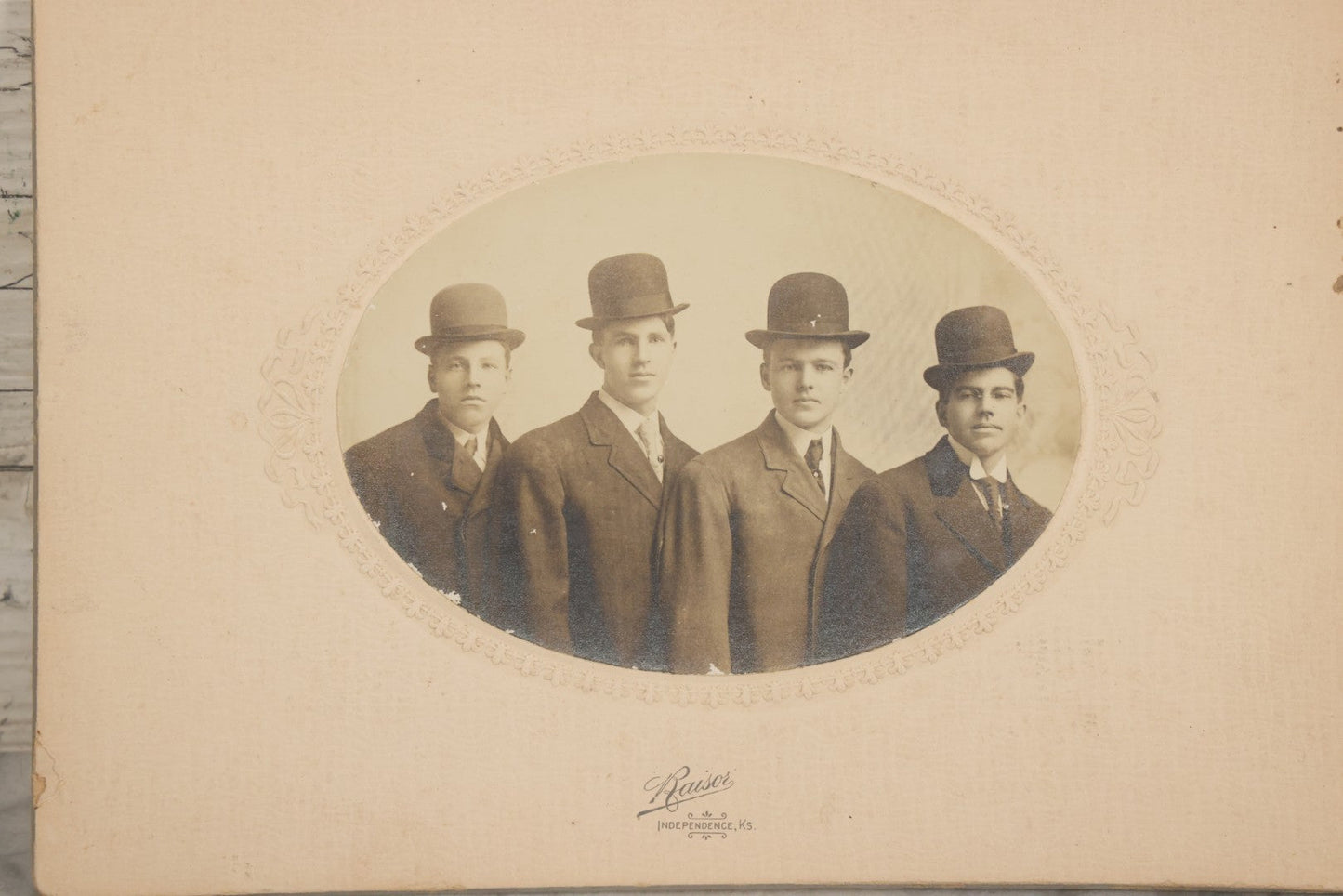 Lot 079 - Antique Boarded Photograph Of Three Men In Bowler Hats, Raisor, Photographer, Independence, Kansas