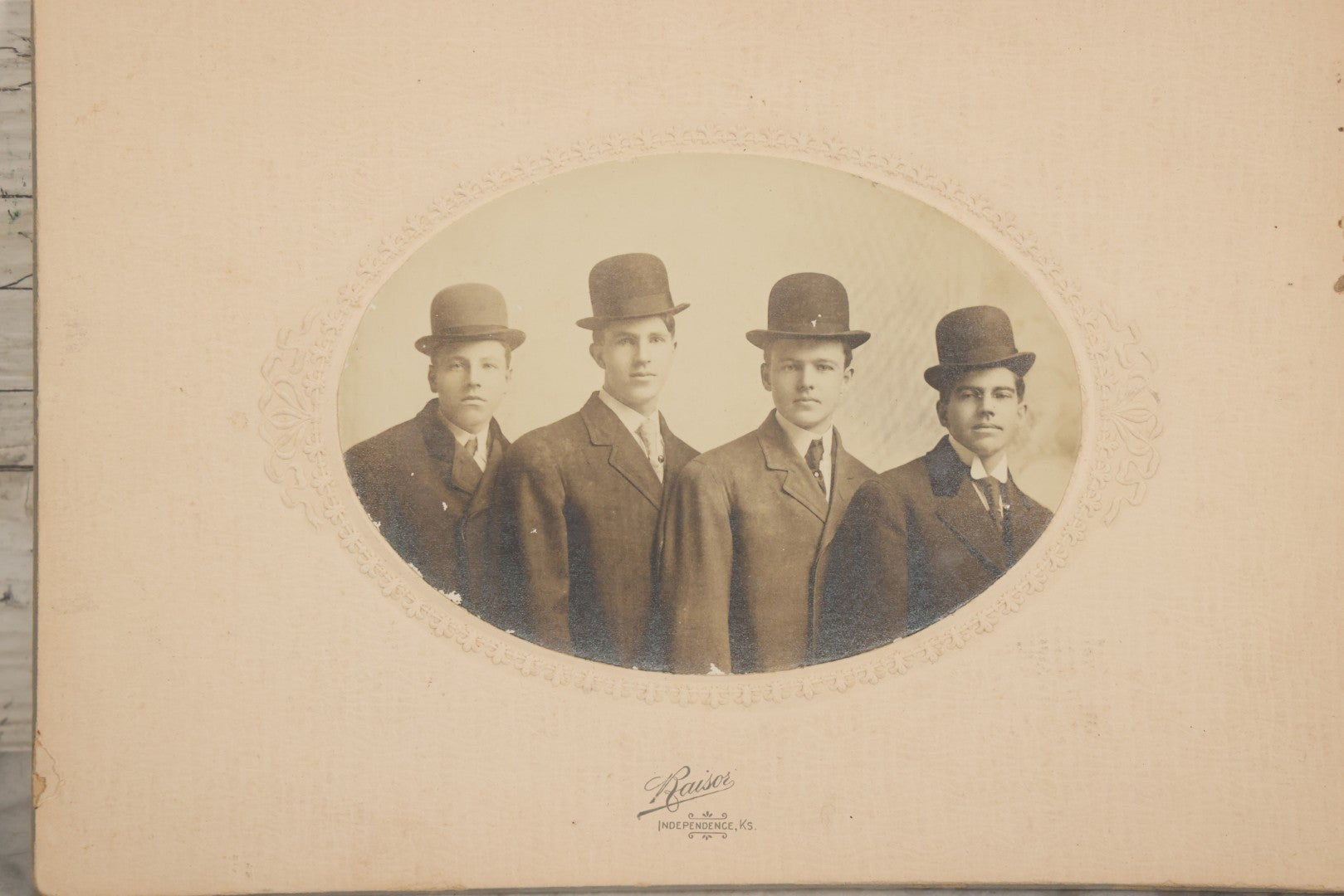 Lot 079 - Antique Boarded Photograph Of Three Men In Bowler Hats, Raisor, Photographer, Independence, Kansas