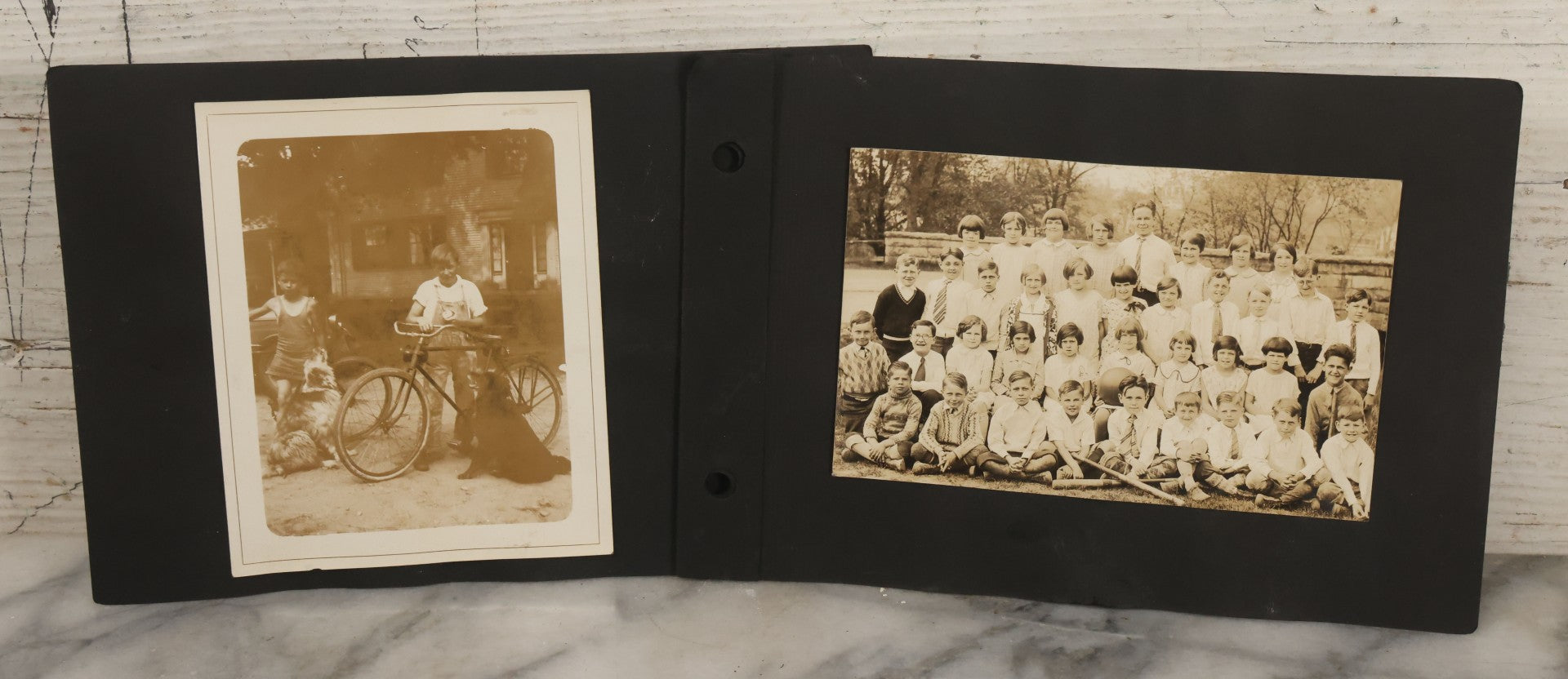 Lot 081 - Pair Of Loose Photo Album Pages With Four Vintage Snap Shots Including Youth Baseball Team, Boys With Bicycles And Dogs, Hay Art, And Girls With Dog