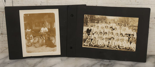 Lot 081 - Pair Of Loose Photo Album Pages With Four Vintage Snap Shots Including Youth Baseball Team, Boys With Bicycles And Dogs, Hay Art, And Girls With Dog